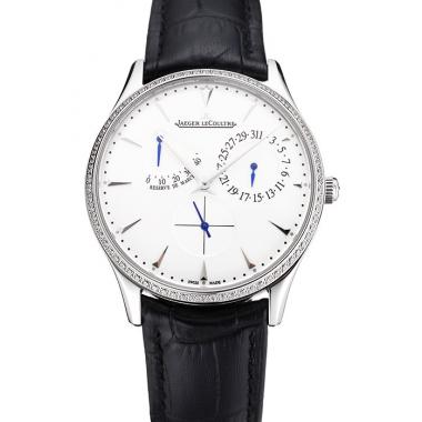 Swiss Jaeger LeCoultre Master Ultra Thin Reserve De Marche White Dial Diamond Bezel Stainless Steel Case Black Leather Strap Replica