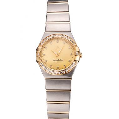 Swiss Lady Omega Constellation Crystal Encrusted Bezel Golden Dial 80293