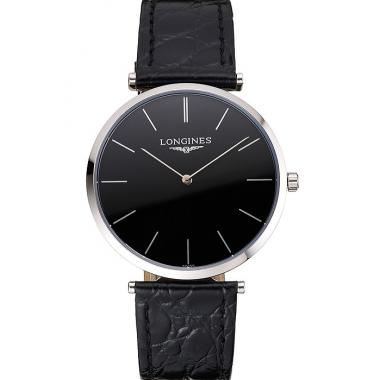 Replica Swiss Longines Grande Classique Black Dial Stainless Steel Case Black Leather Strap