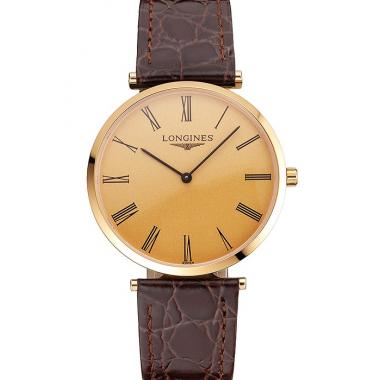 Cheap Swiss Longines Grande Classique Gold Dial Roman Numerals Gold Case Brown Leather Strap