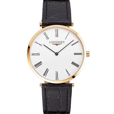 Swiss Longines Grande Classique White Dial Roman Numerals Gold Case Black Leather Strap