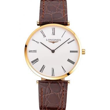 Swiss Longines Grande Classique White Dial Roman Numerals Gold Case Brown Leather Strap Replica