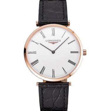 Swiss Longines Grande Classique White Dial Roman Numerals Rose Gold Case Black Leather Strap Replica