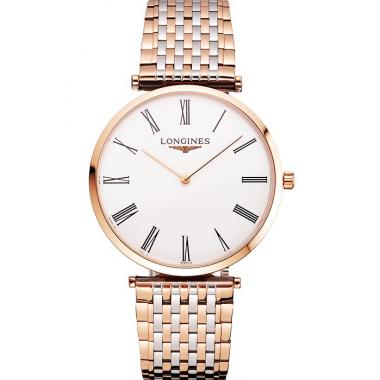 Swiss Longines Grande Classique White Dial Roman Numerals Rose Gold Case Two Tone Bracelet