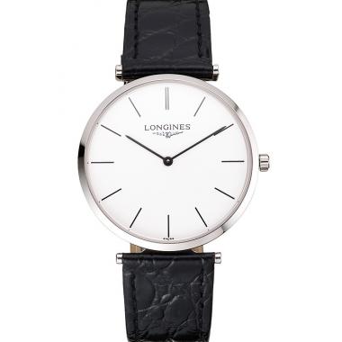 Swiss Longines Grande Classique White Dial Stainless Steel Case Black Leather Strap