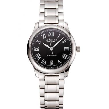 Replica Swiss Longines Master Black Dial Roman Numerals Hour Markers Stainless Steel Bracelet 1453933