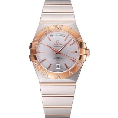 Swiss Omega Constellation White Dial Stainless Steel Case Rose Gold Bezel Two Tone Bracelet