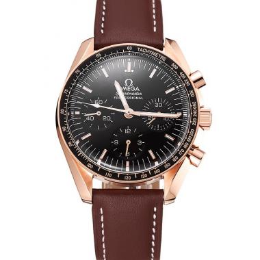 Cheap Swiss Omega Speedmaster Professional Black Dial Gold Case Brown Leather Bracelet 1453940