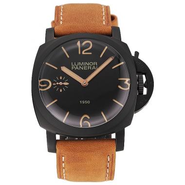 Swiss Panerai Luminor 1950 Black Dial Black PVD Case Brown Suede Leather Strap 1453851