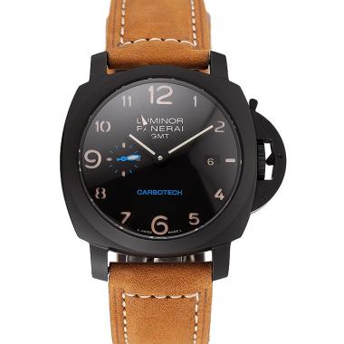 Replica Swiss Panerai Luminor GMT Carbotech Black Dial Black Case Brown Leather Strap