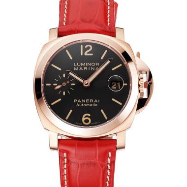 Swiss Panerai Luminor Marina Black Dial Rose Gold Case Red Leather Strap