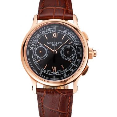 Swiss Patek Philippe 5170J Chronograph Black Dial Rose Gold Case Brown Leather Strap