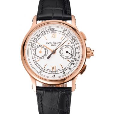 Swiss Patek Philippe 5170J Chronograph White Dial Rose Gold Case Black Leather Strap