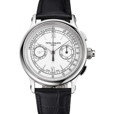 Replica Swiss Patek Philippe 5170J Chronograph White Dial Stainless Steel Case Black Leather Strap