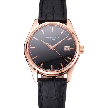 Swiss Patek Philippe Calatrava Black Dial Rose Gold Case Black Leather Strap