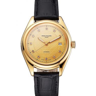 Swiss Patek Philippe Calatrava Gold Dial Diamond Markings Gold Case Black Leather Strap Replica