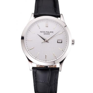 Swiss Patek Philippe Calatrava Silver Dial Stainless Steel Case Black Leather Strap