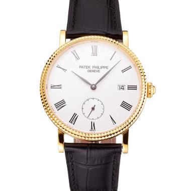 Swiss Patek Philippe Calatrava White Dial Gold Case Fluted Bezel Black Leather Strap Replica