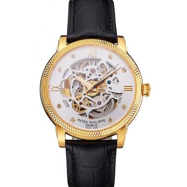 Swiss Patek Philippe Complications Openworked Dial Gold Case Fluted Bezel Black Leather Strap