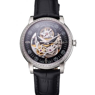 Swiss Patek Philippe Complications Openworked Dial Stainless Steel Case Diamond Bezel Black Leather Strap