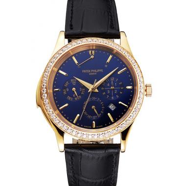 Replica Swiss Patek Philippe Grand Complications Perpetual Calendar Blue Dial Gold Case Diamond Bezel Black Leather Strap