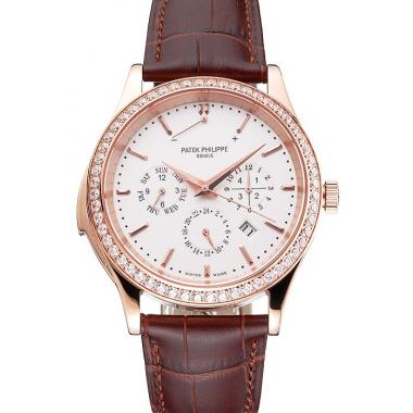 Replica Swiss Patek Philippe Grand Complications Perpetual Calendar White Dial Rose Gold Case Diamond Bezel Brown Leather Strap