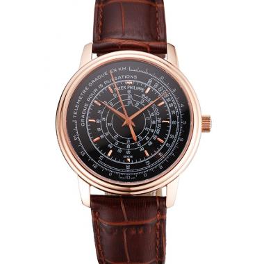 Cheap Swiss Patek Philippe Multi-Scale Chronograph Black Dial Rose Gold Case Brown Leather Strap