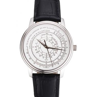 Cheap Swiss Patek Philippe Multi-Scale Chronograph White Dial Stainless Steel Case Black Leather Strap