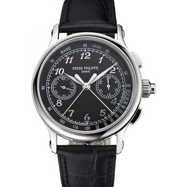 Swiss Patek Philippe Split Seconds Chronograph Black Dial Stainless Steel Case Black Leather Strap