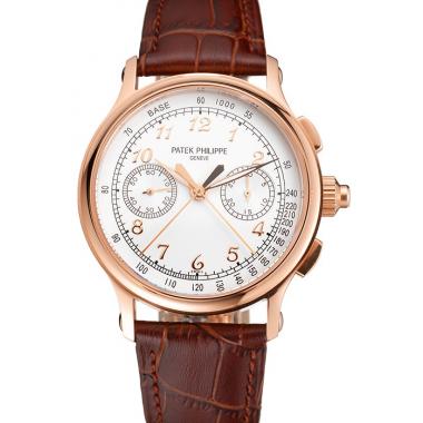 Swiss Patek Philippe Split Seconds Chronograph White Dial Rose Gold Case Brown Leather Strap