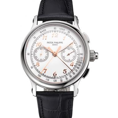 Replica Swiss Patek Philippe Split Seconds Chronograph White Dial Rose Gold Hands Stainless Steel Case Black Leather Strap