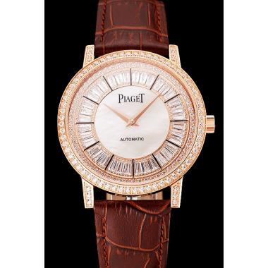 Replica Swiss Piaget Altiplano Diamond Set Rose Gold Case And Pearl Dial Brown Leather Strap 1453744