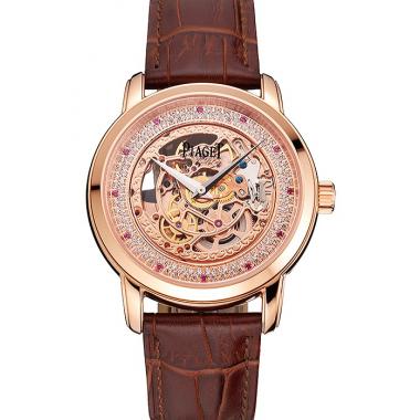 Replica Swiss Piaget Altiplano Rose Gold Skeleton Dial With Diamonds Rose Gold Case Brown Leather Strap