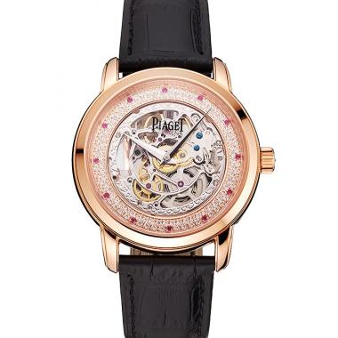 Swiss Piaget Altiplano Skeleton Dial With Diamonds Rose Gold Case Black Leather Strap