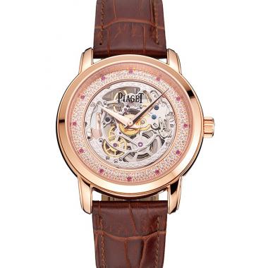 Swiss Piaget Altiplano Skeleton Dial With Diamonds Rose Gold Case Brown Leather Strap