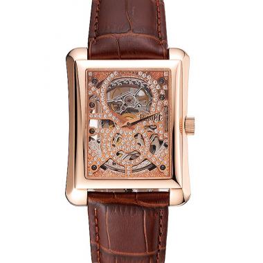 Swiss Piaget Emperador Tourbillon Skeleton Rose Gold Case Brown Leather Bracelet 1453944