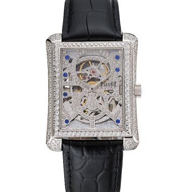 Swiss Piaget Emperador Tourbillon Skeleton Silver Diamond Case Black Leather Bracelet 1453943