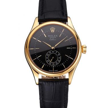 Swiss Rolex Cellini Black Dial Gold Case Black Leather Strap Replica