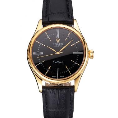 Swiss Rolex Cellini Black Dial Roman Numerals Gold Case Black Leather Strap Replica