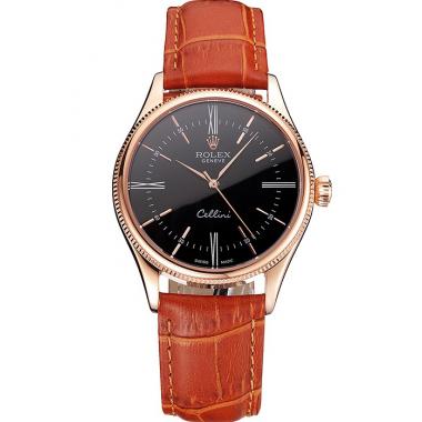 Swiss Rolex Cellini Black Dial Roman Numerals Rose Gold Case Light Brown Leather Strap