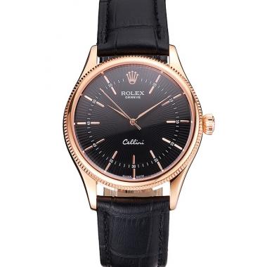 Swiss Rolex Cellini Black Dial Rose Gold Markings Rose Gold Case Black Leather Strap Replica