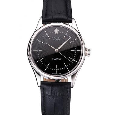 Swiss Rolex Cellini Black Dial Steel Case Black Leather Strap