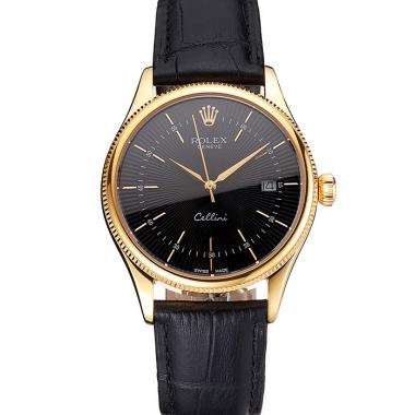 Swiss Rolex Cellini Date Black Dial Gold Case Black Leather Strap