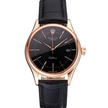 Swiss Rolex Cellini Date Black Dial Rose Gold Markings Rose Gold Case Black Leather Strap Replica