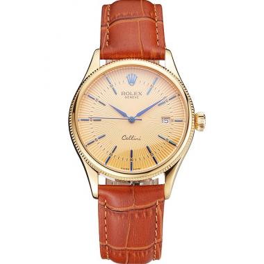 Replica Swiss Rolex Cellini Date Gold Guilloche Dial Gold Case Light Brown Leather Strap