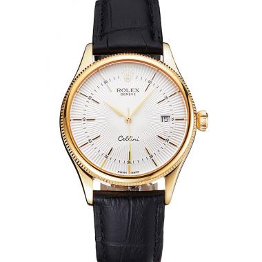 Swiss Rolex Cellini Date White Dial Gold Case Black Leather Strap Replica