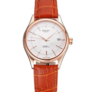 Swiss Rolex Cellini Date White Dial Rose Gold Case Brown Leather Strap Replica