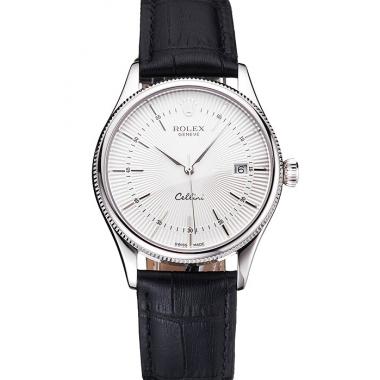 Replica Swiss Rolex Cellini Date White Dial Stainless Steel Case Black Leather Strap