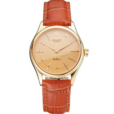 Swiss Rolex Cellini Gold Dial And Markings Gold Case Light Brown Leather Strap