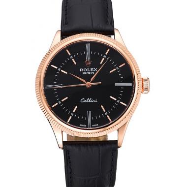 Replica Swiss Rolex Cellini Time Rose Gold Case Black Dial Black Leather Bracelet   622656